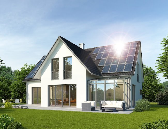3d rendering of a modern house with solar panels on the roof and lens flare