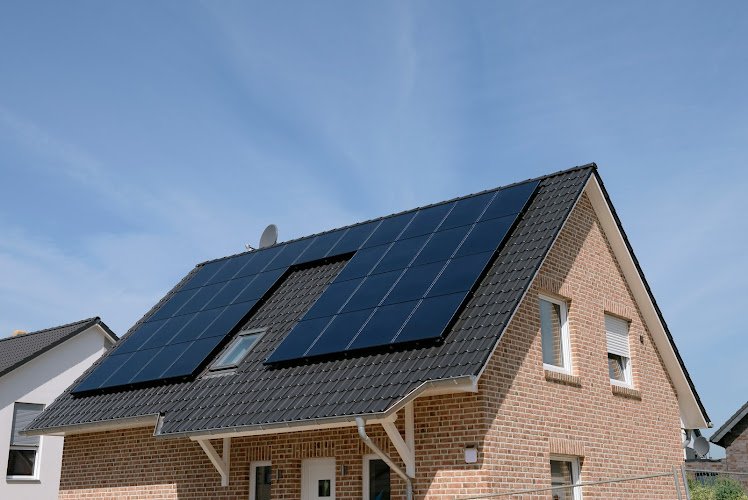 Solar thermal collectors on the roof of a new single family house.