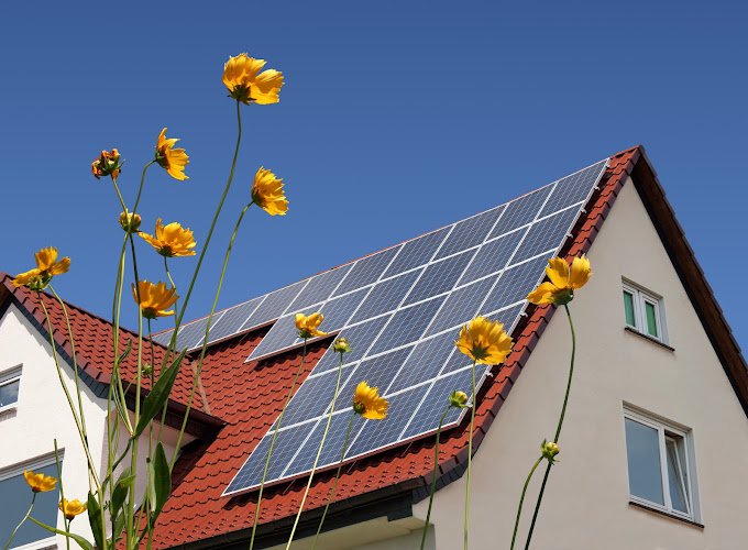 Solar panels on a roof with flowers in the foreground
