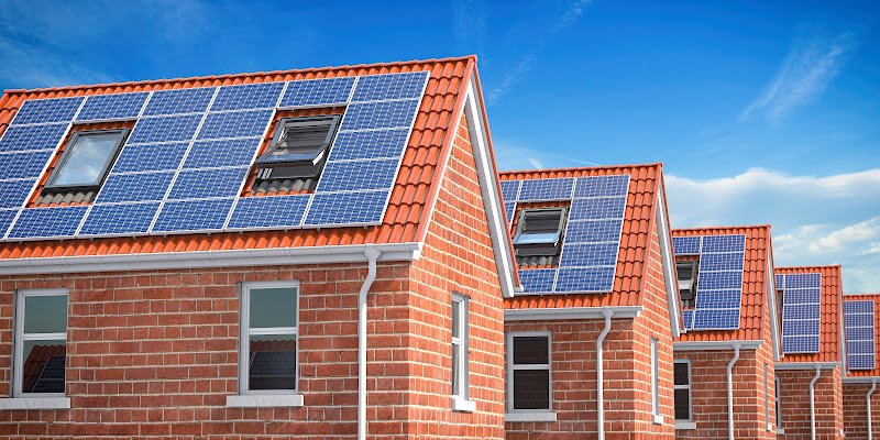 Row of house with solar panels on roof on blue sky background. 3d illustration